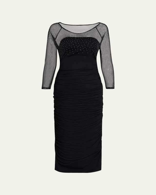 Gyun Ruched Rhinestone Illusion Midi Dress